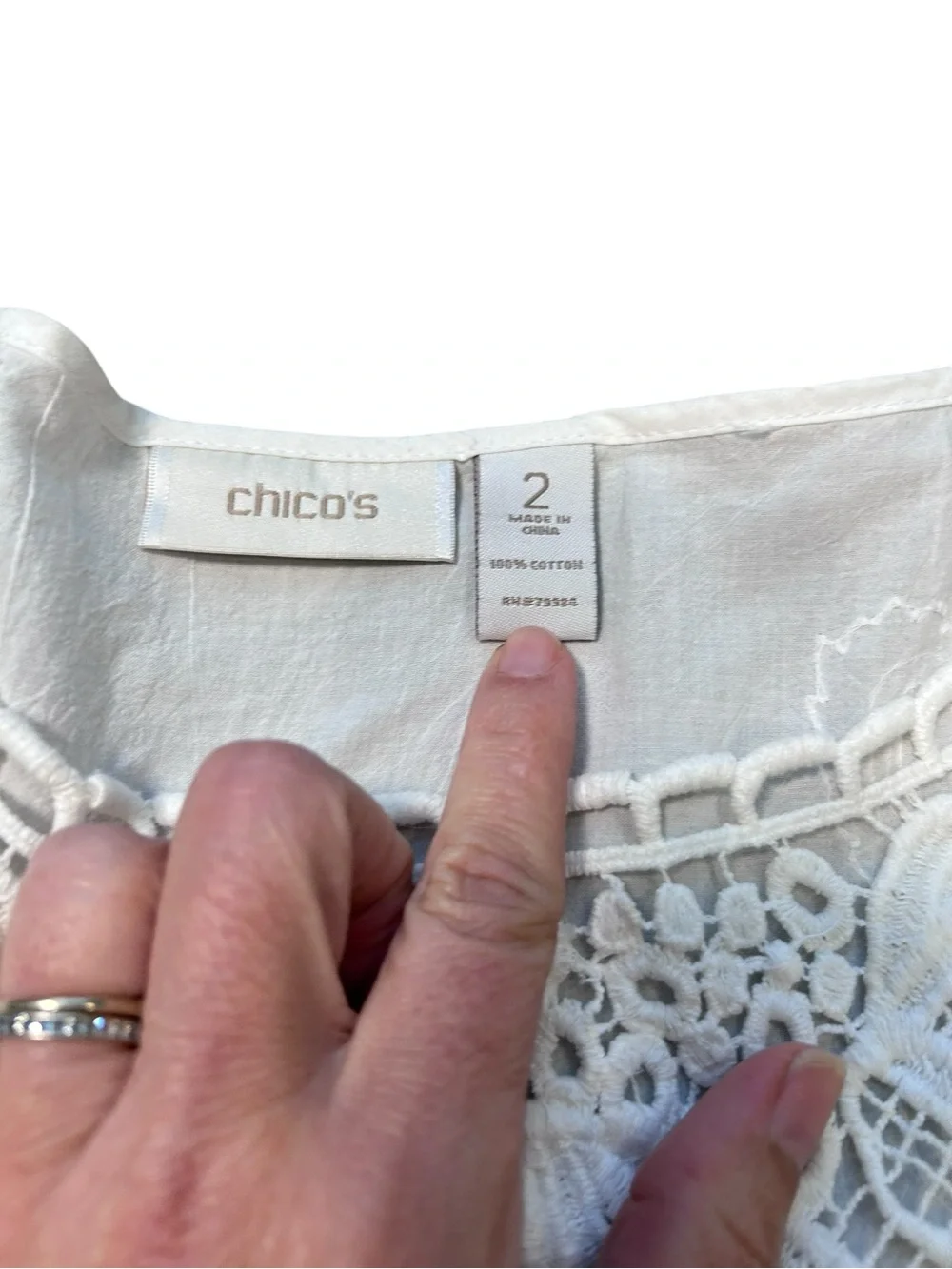 Chico’s white sheer crochet boxy top size 2 large US 12 coastal Lagenlook beach